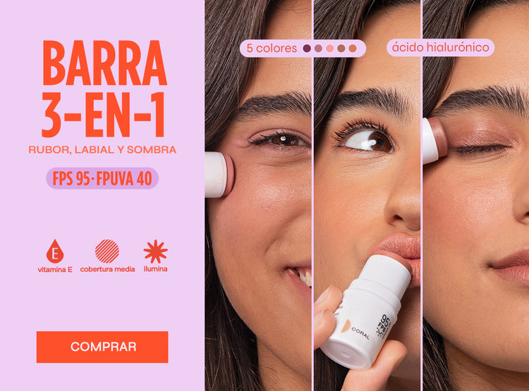 Barra 3 en 1 de Ollie aplicada como rubor, labial y sombra en tres modelos, con FPS 95, ácido hialurónico, textura aterciopelada y cinco opciones de color.
