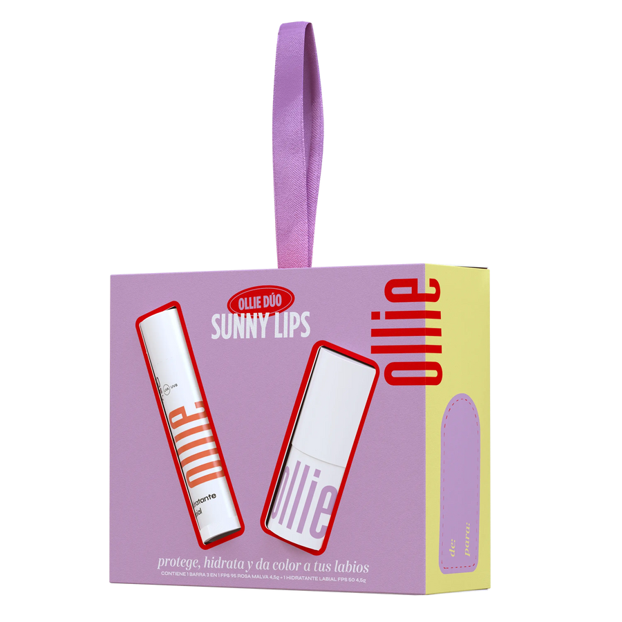 Caja del kit Sunny Lips de Ollie con cinta lila y dos hidratantes labiales